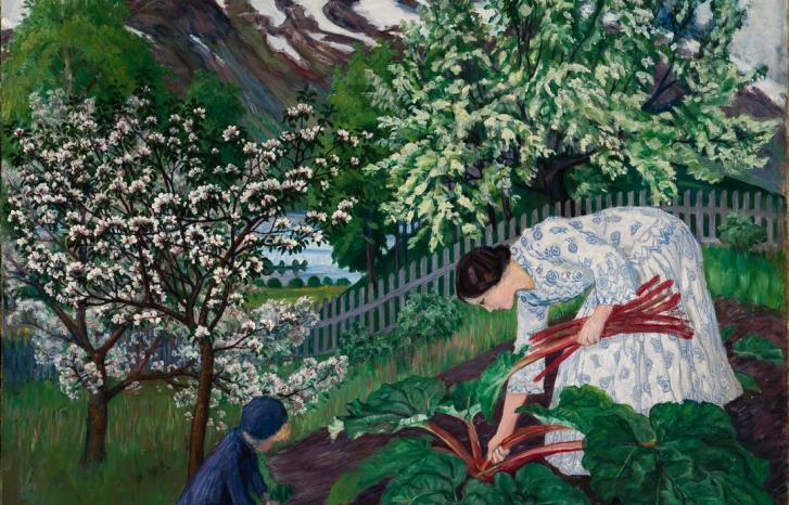Rabarbra, maleri av Nikolai Astrup fra 1911 av kona Engle som plukker rabarbra i hagen
