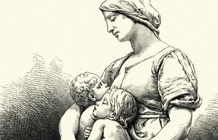 Tegning av en skulptur av en ammende mor med to små barn i fanget