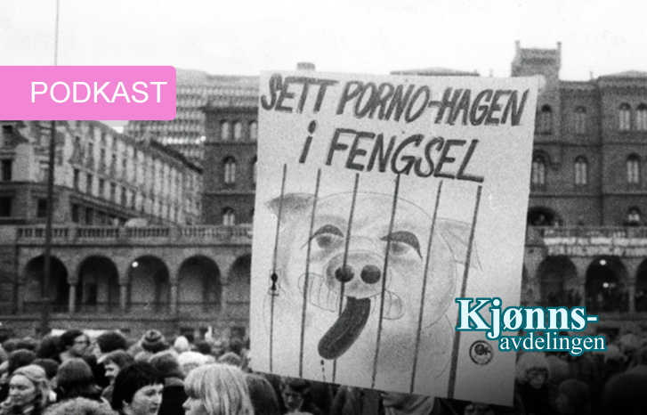 Bildet viser en demonstrasjon der feminister holder en plakat der det står "Sett porno-Hagen i fengsel" og tegning av en gris i bur 