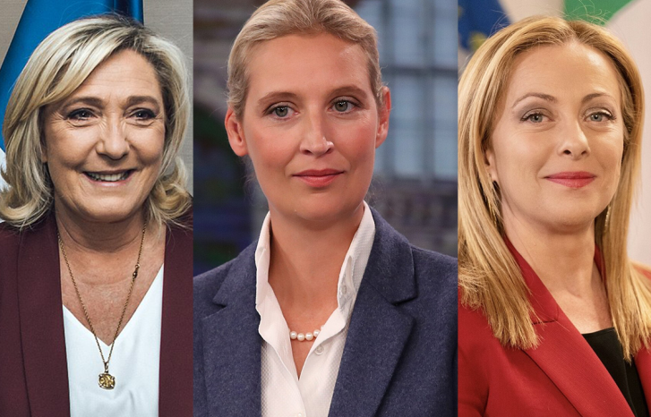 Fotomontasje av Le Pen, Weidel og Meloni