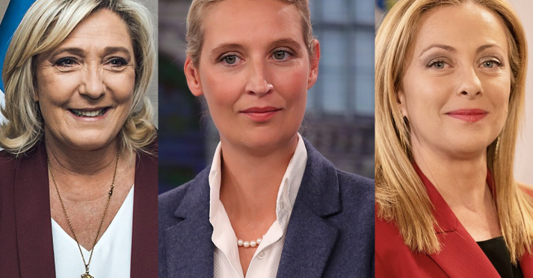 Fotomontasje av Le Pen, Weidel og Meloni