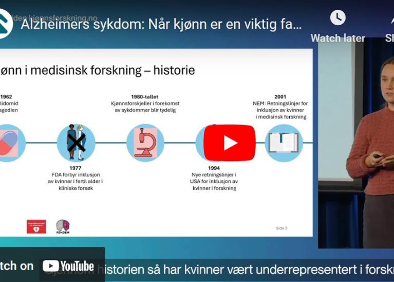 Skjermbilde av presentasjon av forskerinnlegg om Alzheimers sykdom: Når kjønn er en viktig faktor i medisinsk forskning ved Mari Aksnes ved UiO