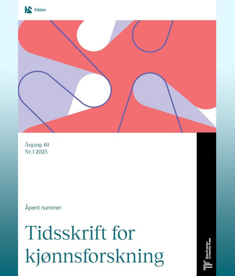 Forside Tidsskrift for kjønnsforskning 1-25 med grønn bakgrunn og grafisk design i rød, hvit og lilla utsnitt av Kildens logo K