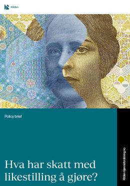 Forside norsk policy brief Hva har skatt med likestilling å gjøre illustrasjon av to ansikter fra pengeseddel satt sammen til ett Kristian Birkeland og Sigrid Undset