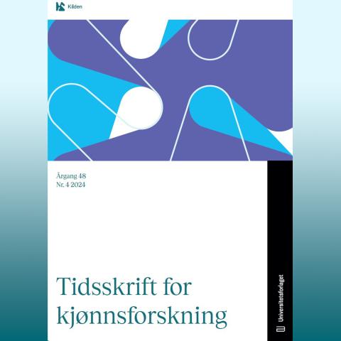 Forsiden av Tidsskrift for kjønnsforskning 4-24 med illustrasjon i bølgende former i blått, hvitt og lilla, utsnitt av Kildens K-logo