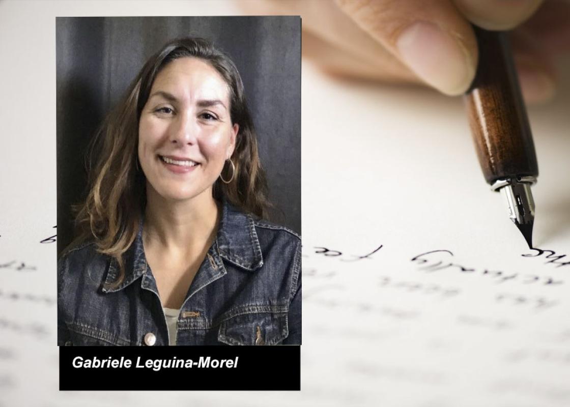 Portrettbilde av Gabriele Leguina-Morel mot bakgrunnsbilde av hånd som skriver