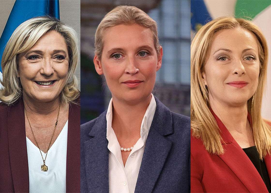 Fotomontasje av Le Pen, Weidel og Meloni