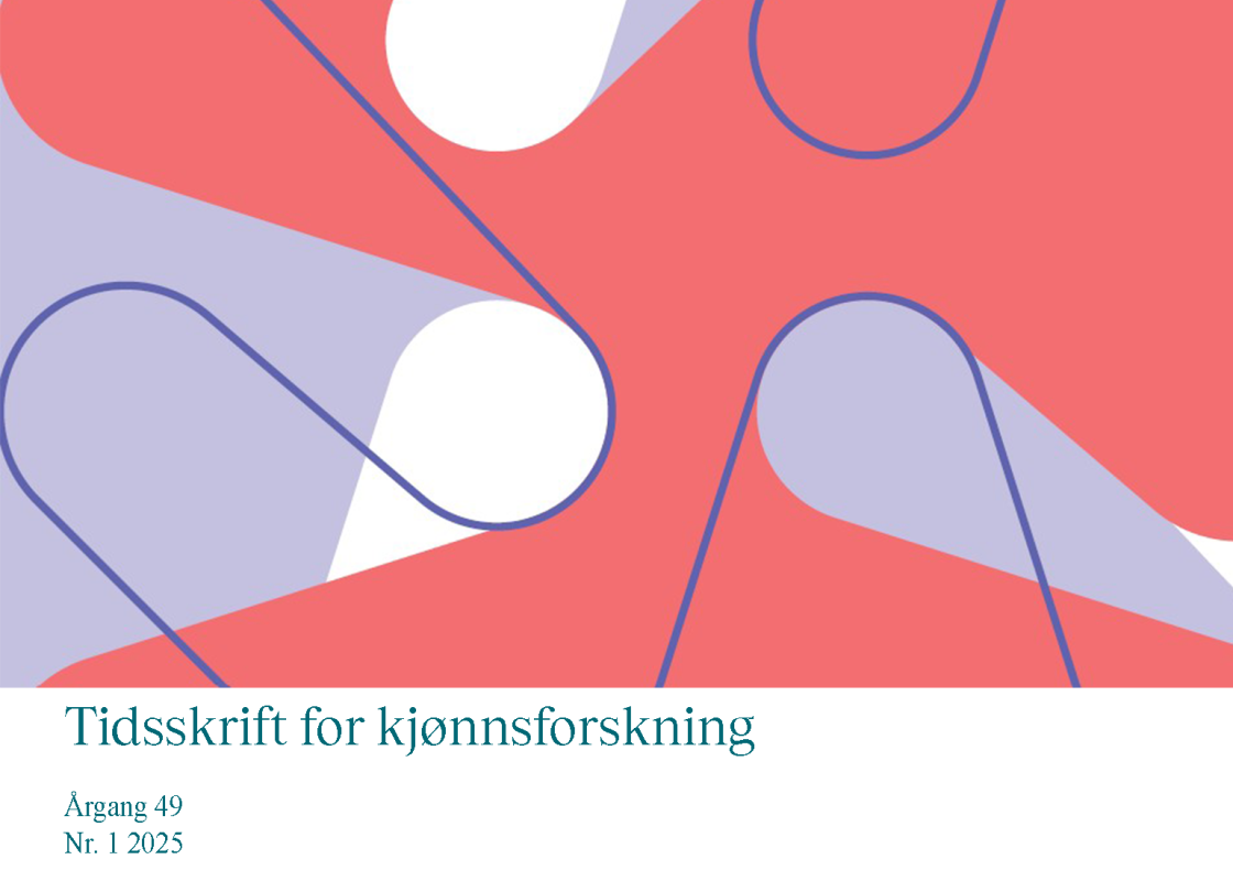 Forsideillustrasjon Tidsskrift for kjønnsforskning 1-25 med grafisk design i rød, hvit og lilla utsnitt av Kildens logo K
