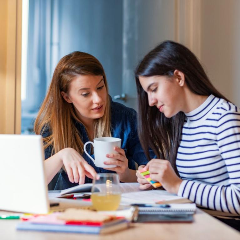 Ung mor og tenåringsdatter sitter ved en pc og diskuterer