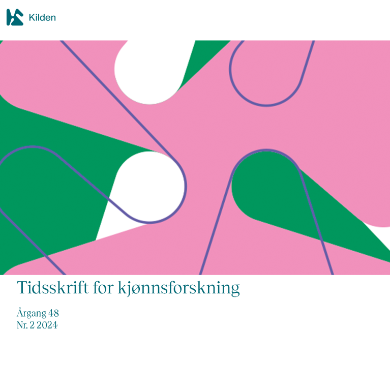 Utsnitt av forside Tidsskrift for kjønnsforskning 2-24 med en illustrasjonsfigur rosa, grønt og hvitt bølgende former