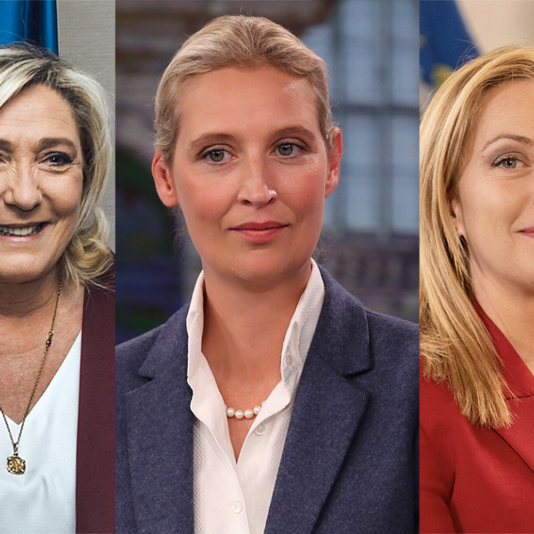 Fotomontasje av Le Pen, Weidel og Meloni