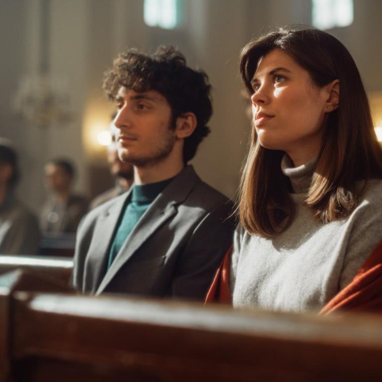 En ung mann og en ung kvinner sitter på kirkebenken 